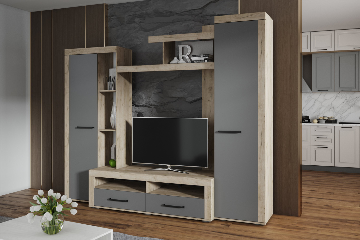 Гостиная Марсель-4 дуб крафт серый/графит серый